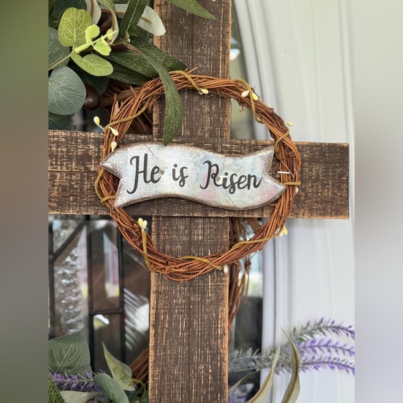 He Is Risen Easter Wreath • Christian Cross Spring Door Decor • 24” Grapevine - Picture 5 of 5